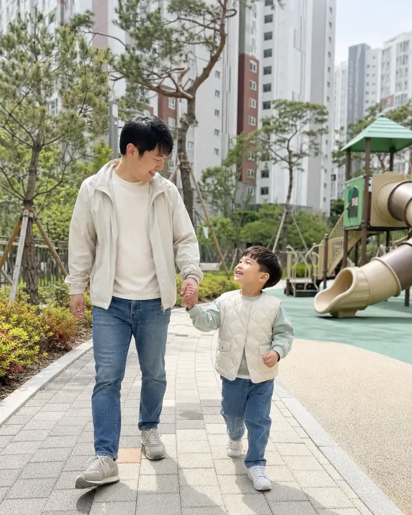 아빠와 손잡고 놀이터 옆을 걷는 아이