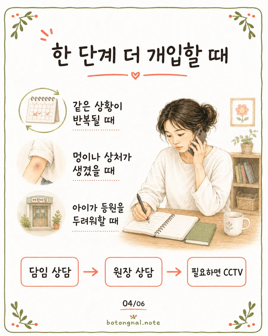 한 단계 더 개입할 때 - 반복, 멍이나 상처, 등원 거부 시 담임 상담에서 원장 상담, CCTV까지
