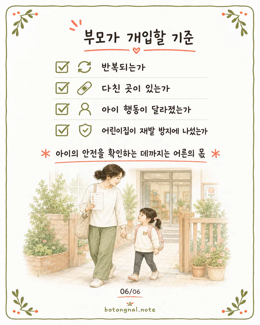 부모가 개입할 기준 - 반복 여부, 부상, 아이 행동 변화, 어린이집의 재발 방지 노력
