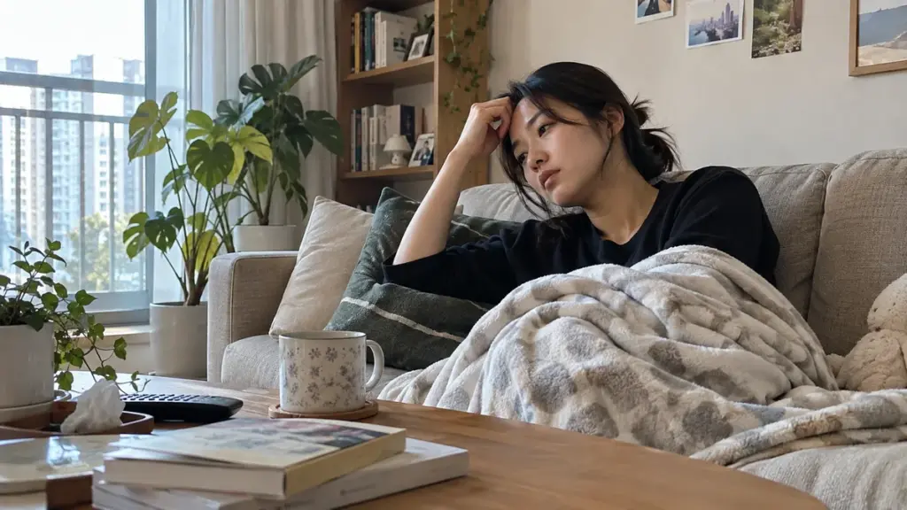 소파에 기대 피곤해하는 여성