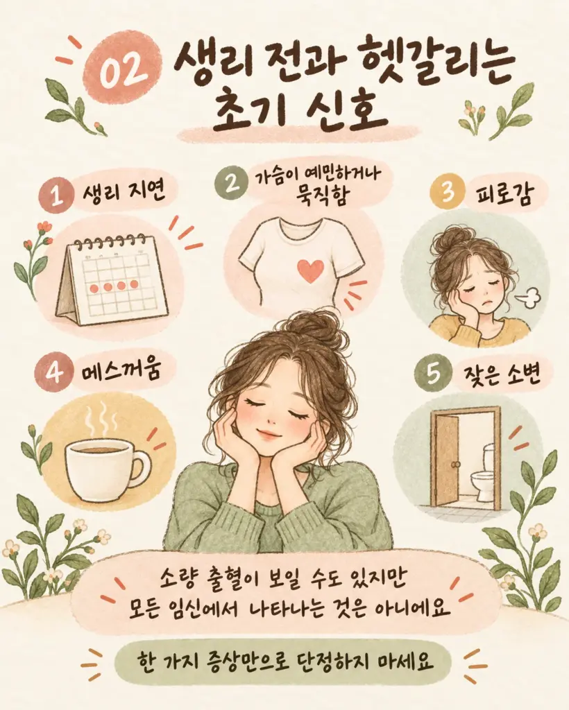 생리 지연 가슴 예민 피로감 메스꺼움 잦은 소변 임신 초기 신호 카드
