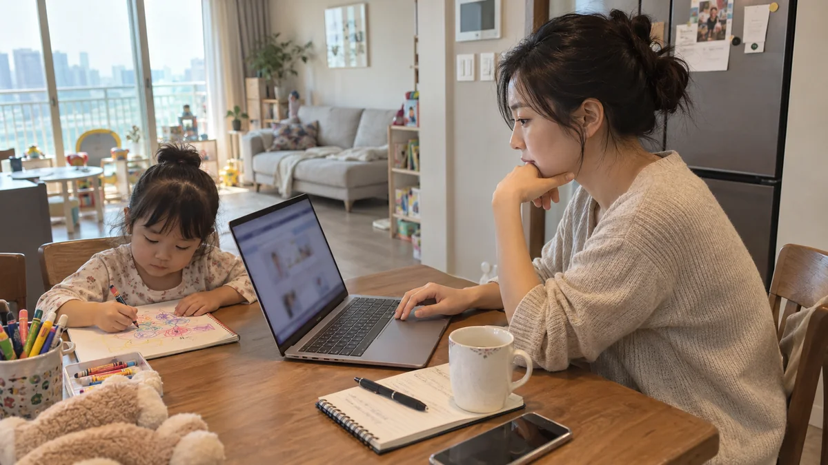 아이 옆에서 노트북으로 온라인 부모교육 과정을 찾는 엄마