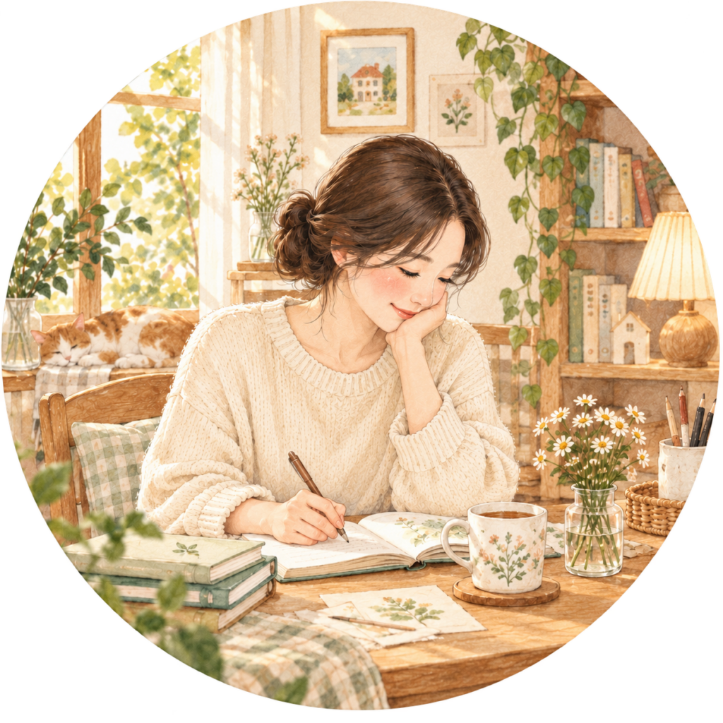 보통날의 취향 블로그 프로필 일러스트 - 따뜻한 햇살 아래 일기를 쓰는 여인