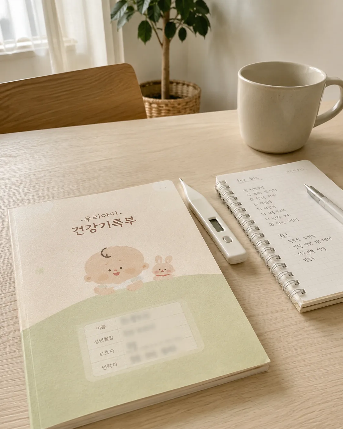 영유아 건강검진 결과를 기록하는 건강기록부와 체온계