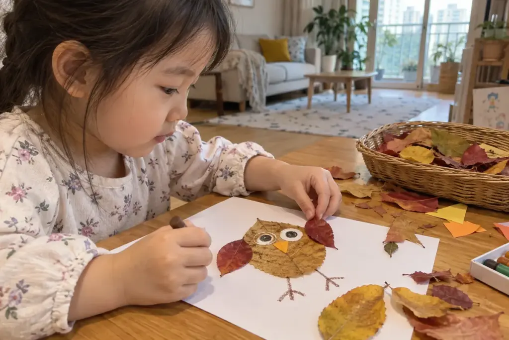 낙엽을 붙여 부엉이를 만드는 아이