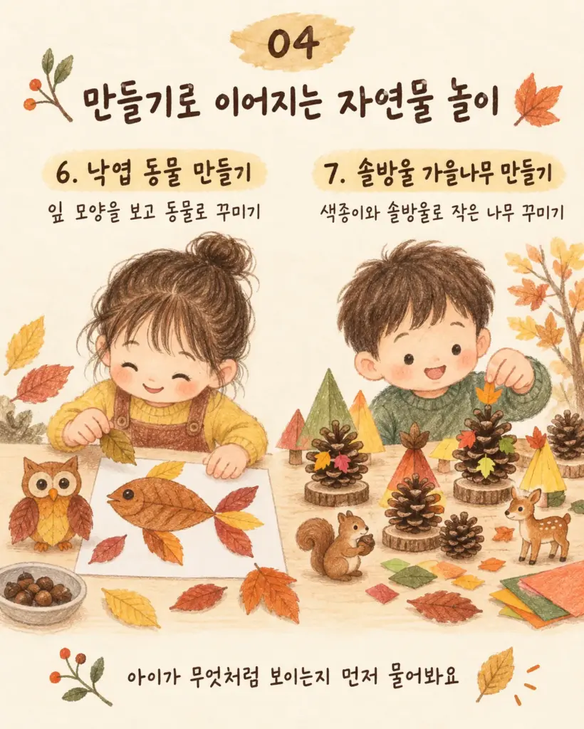 낙엽 동물 만들기와 솔방울 가을나무 만들기 카드