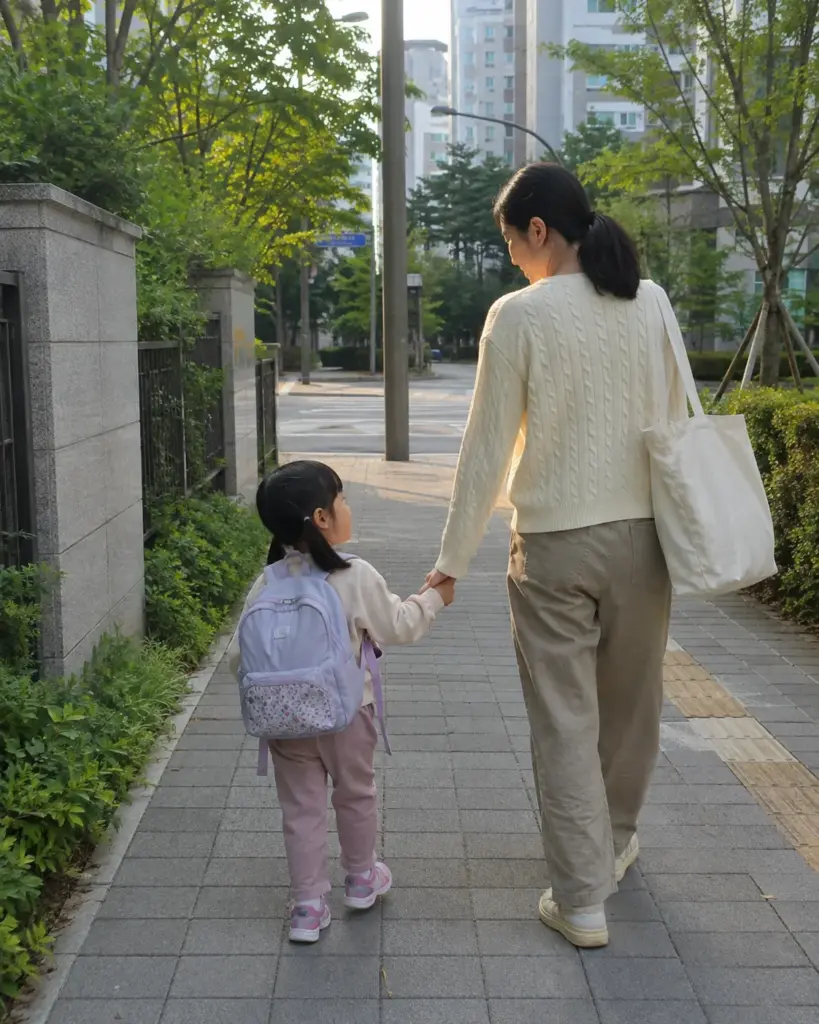 아이 손을 잡고 등원길을 걷는 엄마
