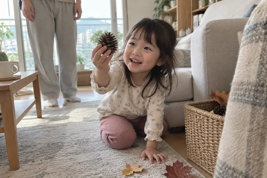 거실에서 찾은 솔방울을 들어 보이며 웃는 아이