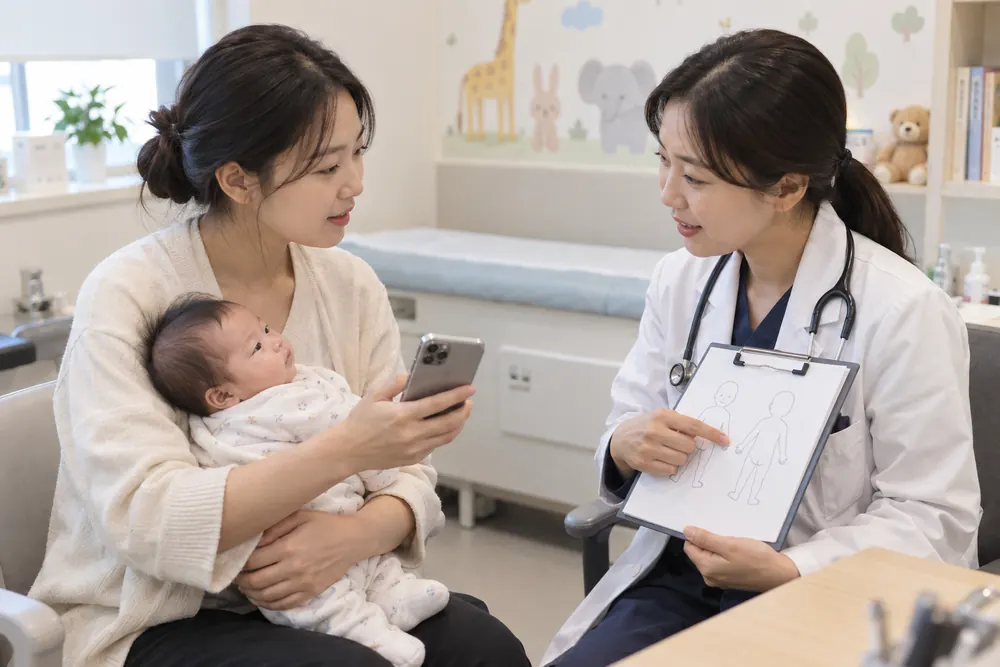 휴대폰 사진을 보여주며 소아과 의사와 상담하는 엄마