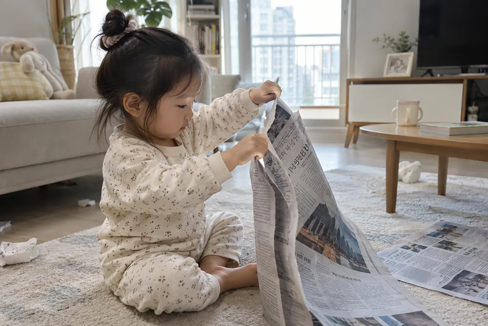 신문지를 양손으로 잡고 찢어보는 아이