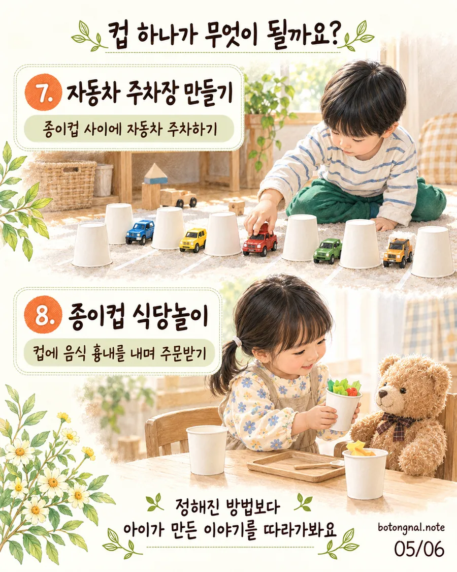 종이컵으로 자동차 주차장 만들기와 종이컵 식당놀이 일러스트