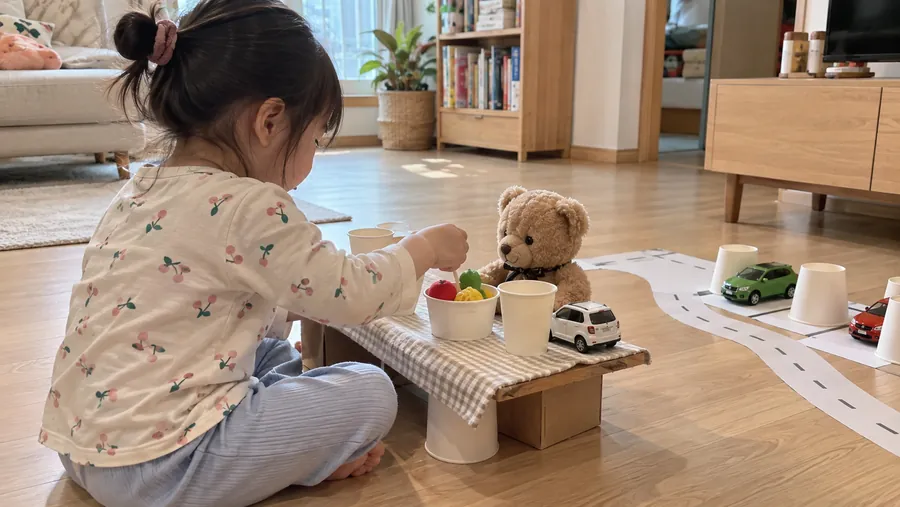 종이컵을 그릇처럼 써서 곰 인형에게 음식을 차려 주는 아이