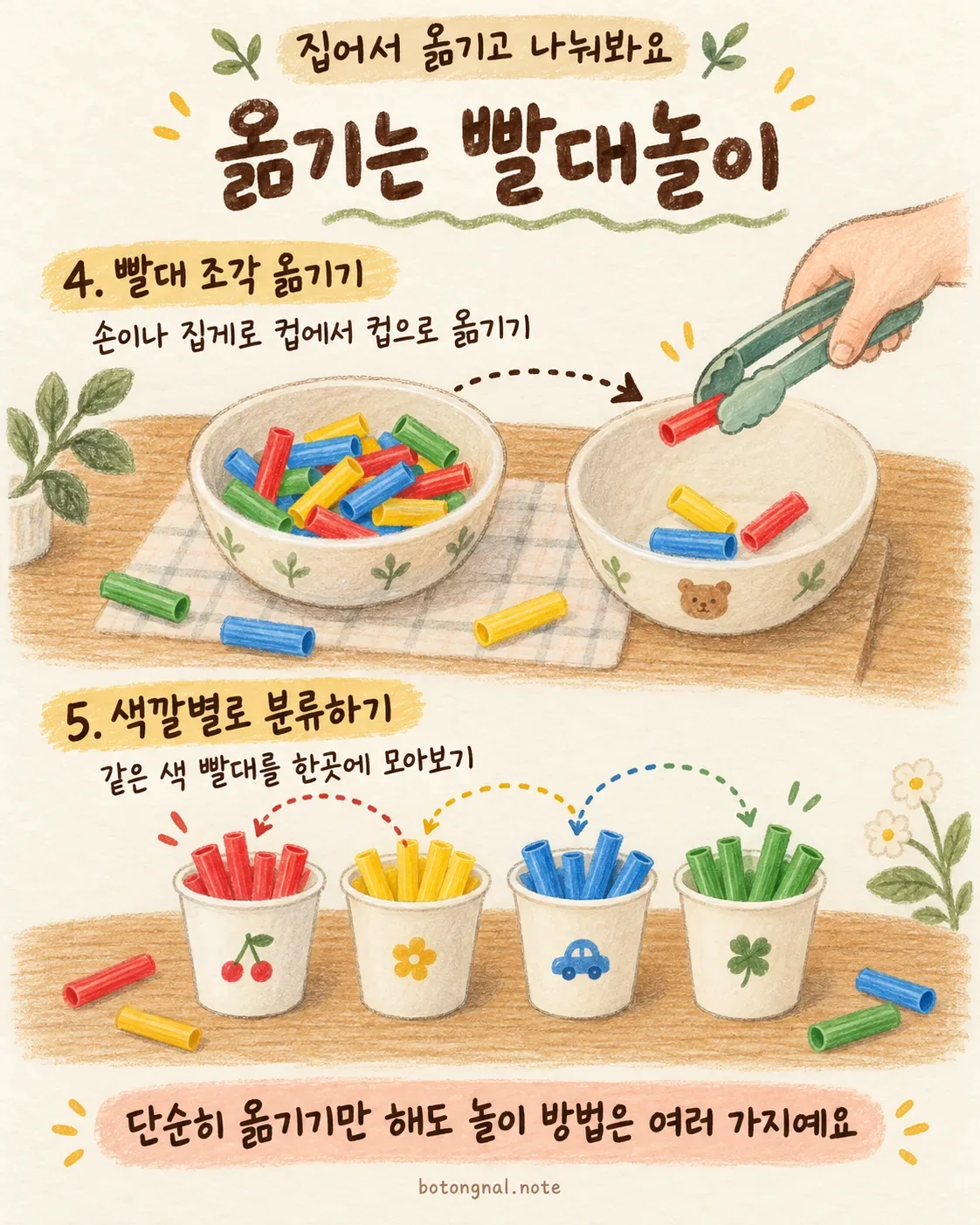 집게로 빨대 조각 옮기기와 색깔별 분류하기