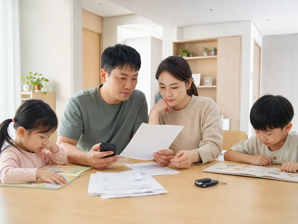 식탁에서 아이들과 함께 공공요금 할인 서류를 확인하는 부모