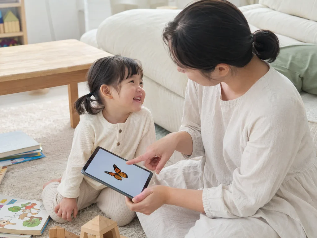 엄마와 함께 태블릿 화면을 보며 이야기하는 아이