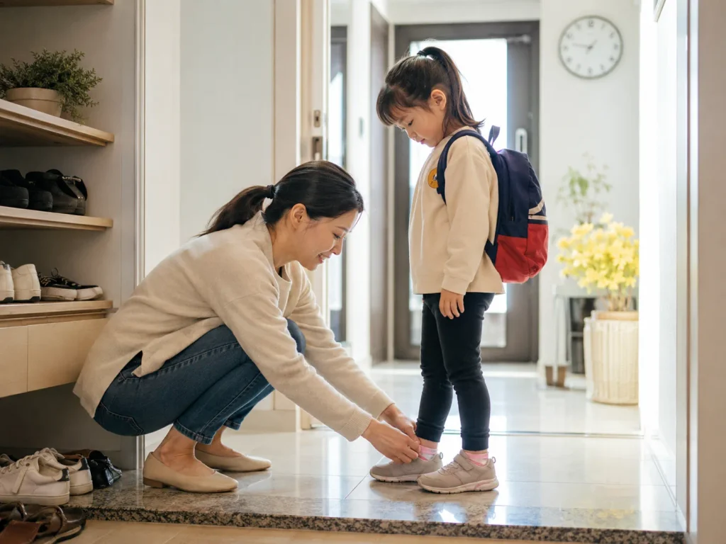 어린이집 등하원과 직장 출퇴근을 병행하는 부모 모습