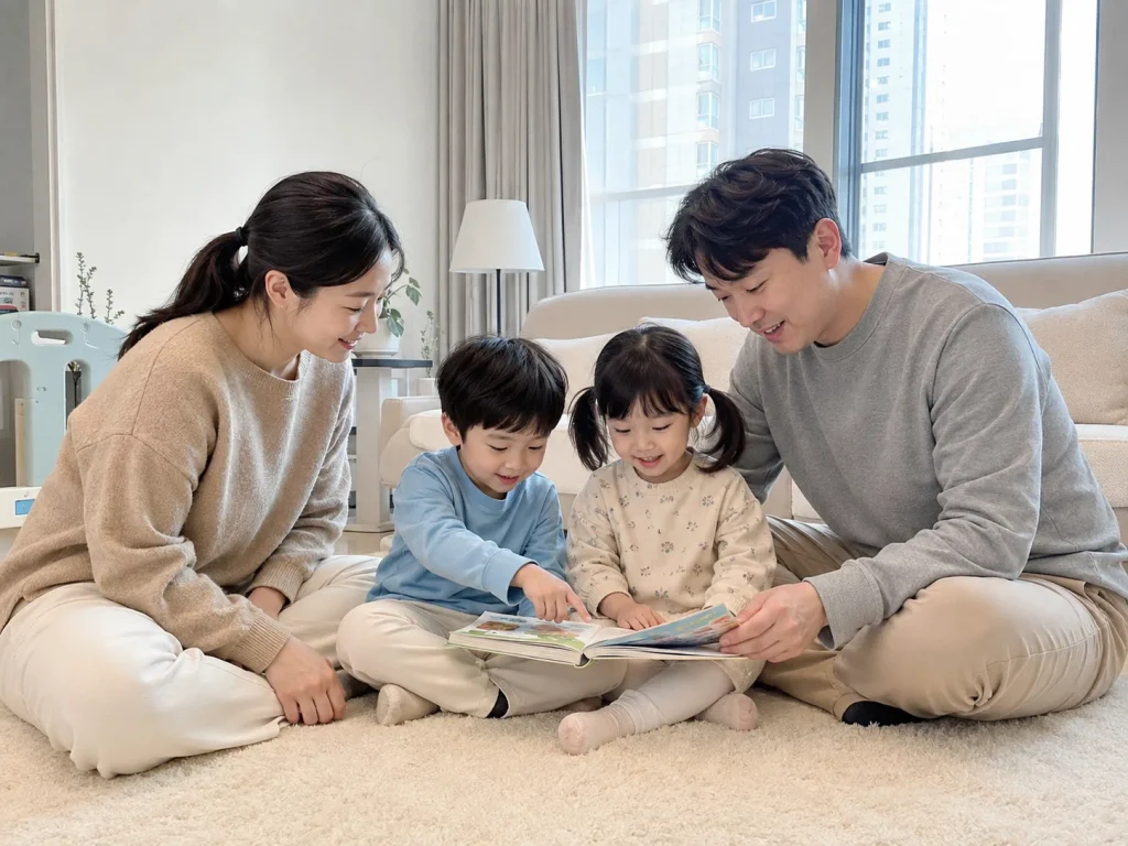 거실에서 함께 시간을 보내는 두 아이 가족