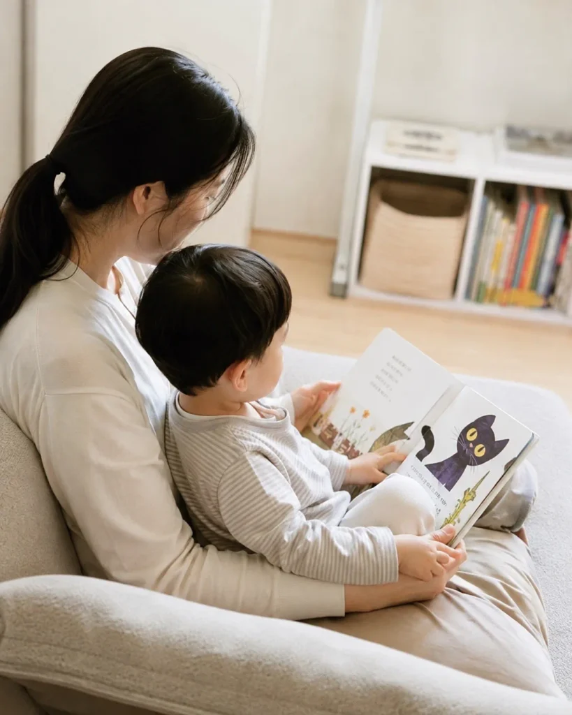 하원 후 집 소파에서 엄마와 책을 읽으며 쉬는 아이
