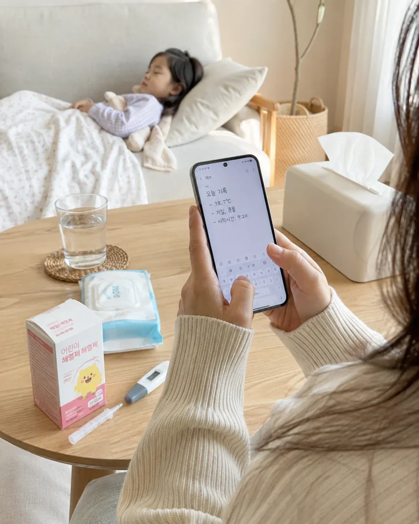 아이가 자는 동안 휴대폰 앱으로 체온과 해열제 시간을 기록하는 엄마