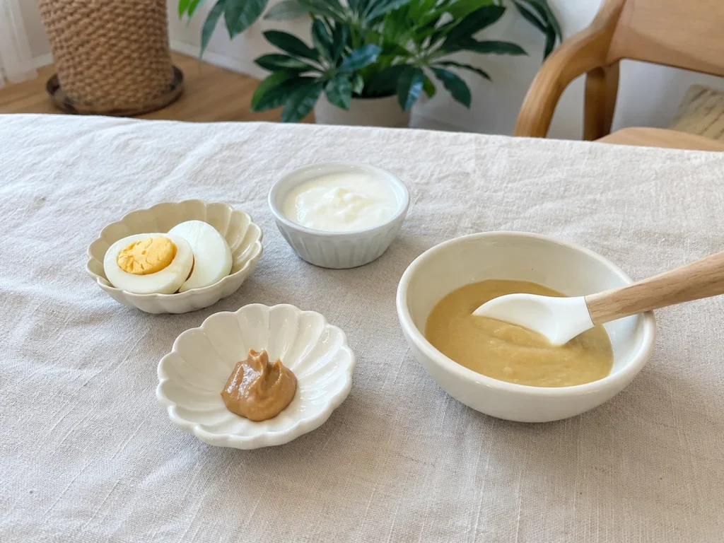 이유식으로 준비한 잘 익힌 달걀과 부드러운 퓨레