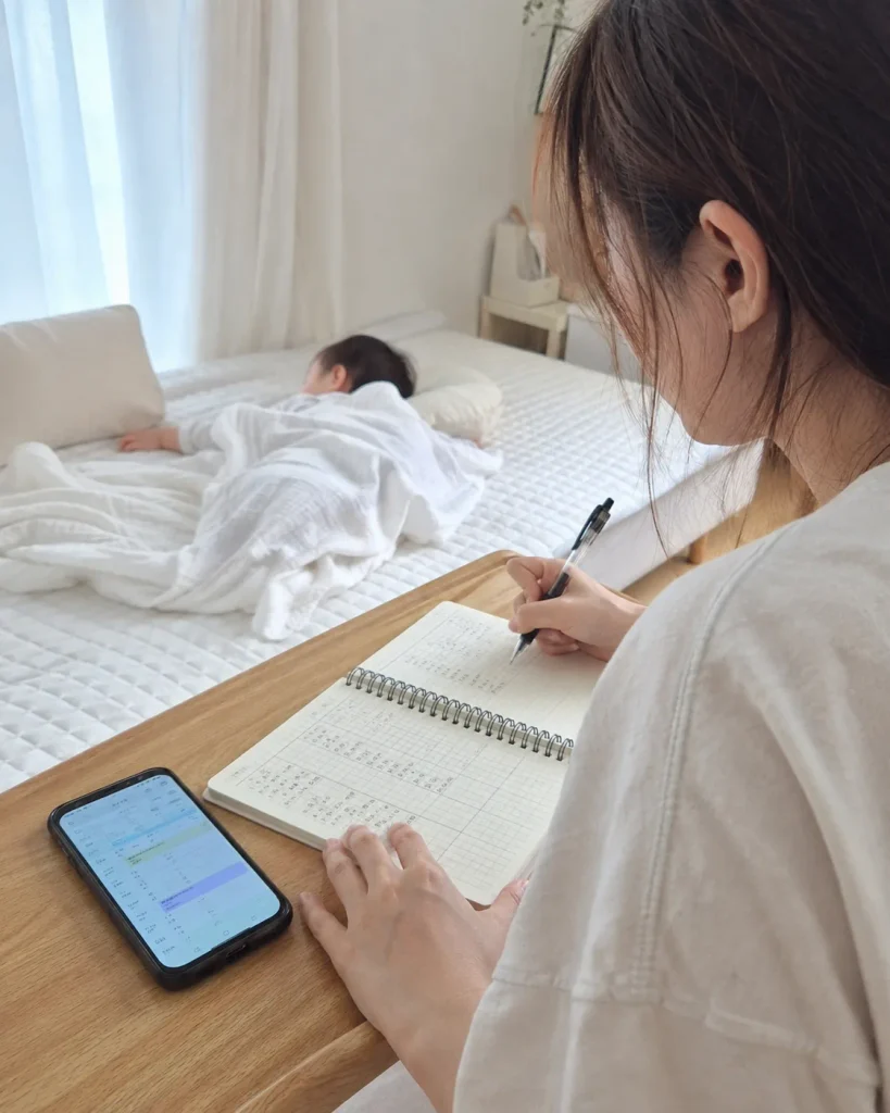 잠든 아이 옆에서 수면 기록을 적는 엄마