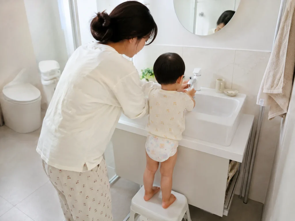 세면대 앞에서 엄마와 함께 손을 씻는 아이