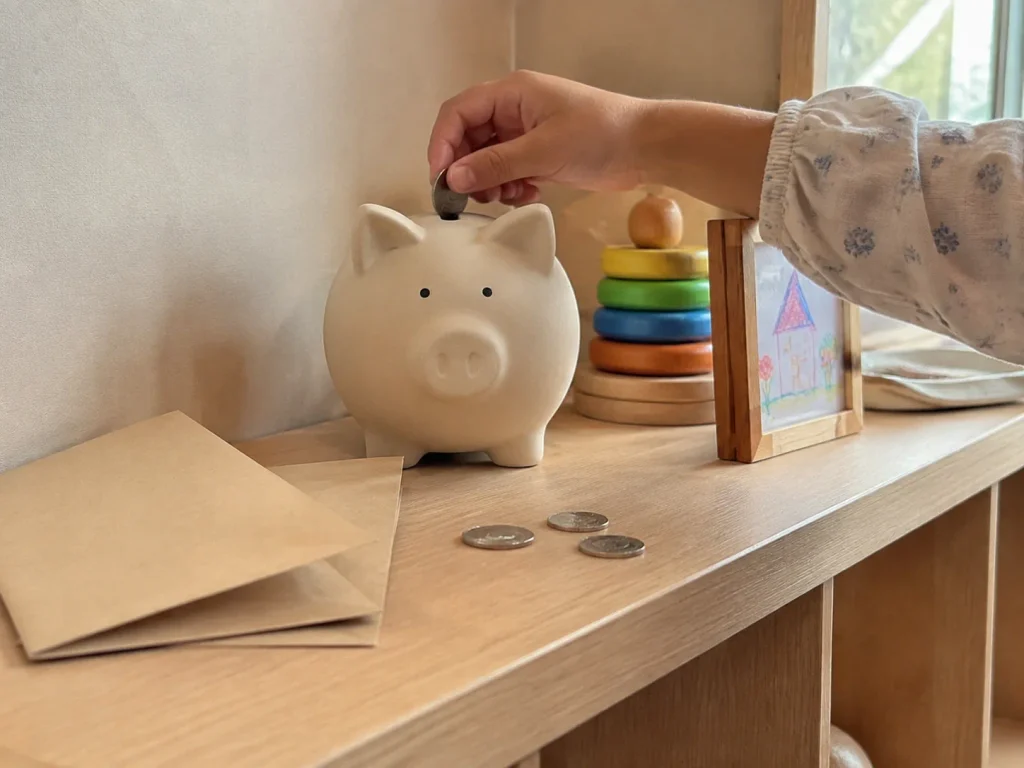 돼지저금통에 동전을 넣는 아이, 육아휴직급여 예상 금액 계산