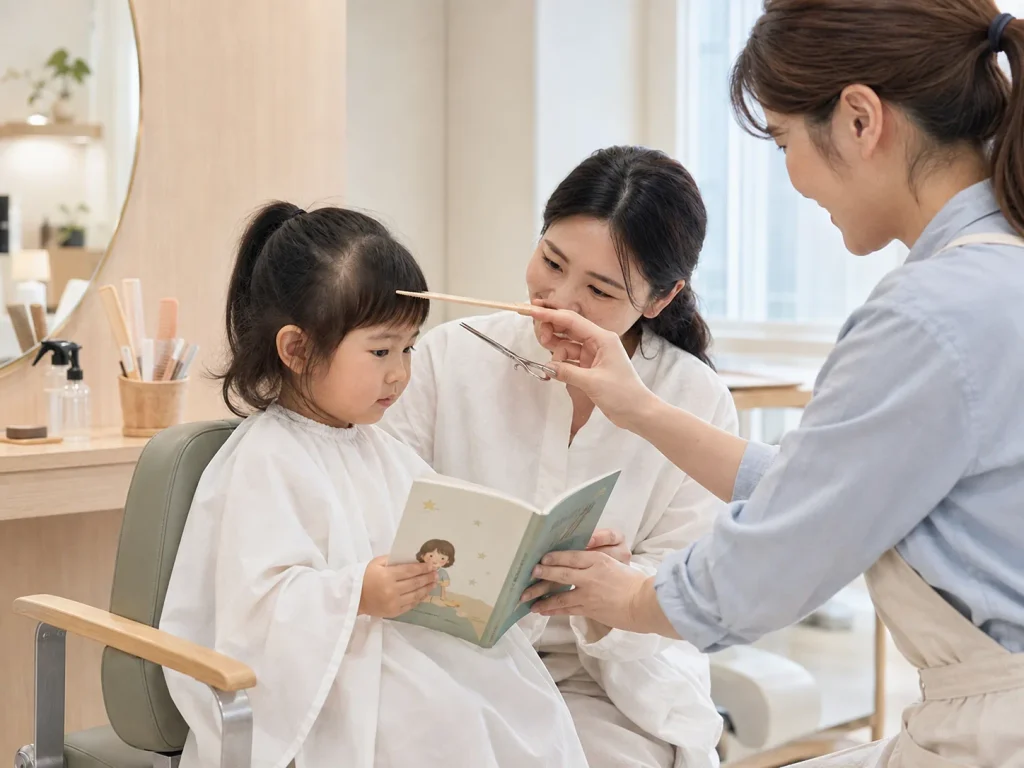 미용실에서 그림책을 보며 앞머리를 다듬는 아이