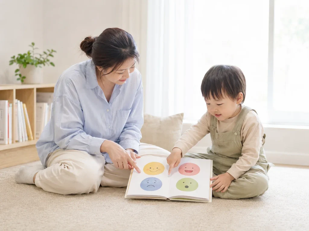 진정한 뒤 엄마와 함께 그림책을 보며 감정을 이야기하는 아이