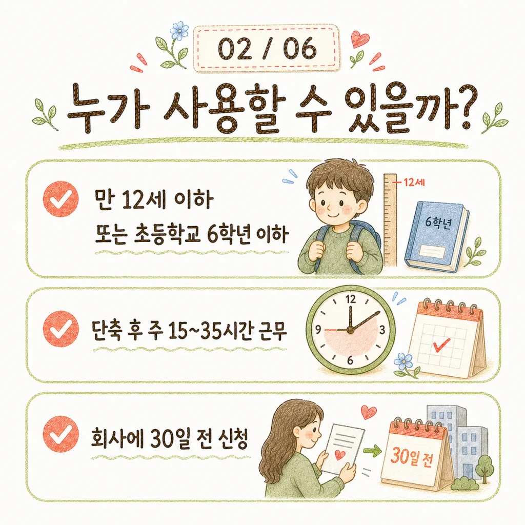 만 12세 이하 자녀를 둔 부모의 단축근무 신청 조건 요약 카드