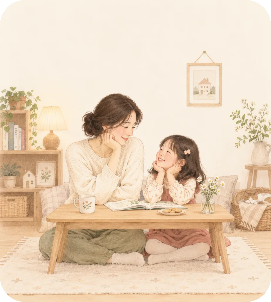 거실 낮은 테이블에 마주 앉아 웃고 있는 엄마와 아이 일러스트